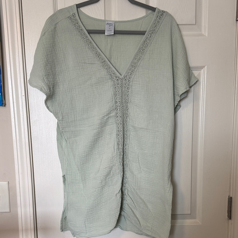 Kona Sol Light Sage Green V-Neck Swim Coverup with Crochet Trim